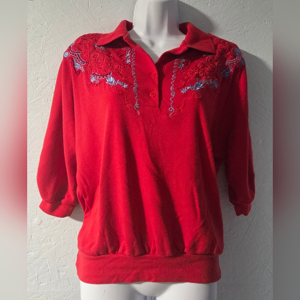 Vintage 80s Koret City Blues Red Embroidered 3/4-sleeve Top - M